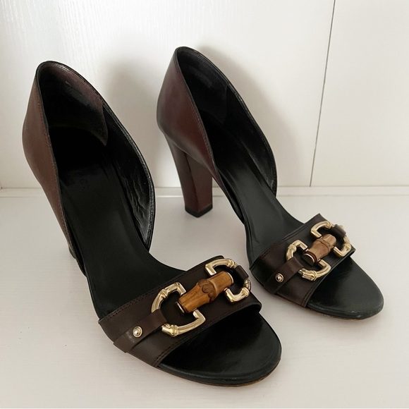 Gucci Brown Heels with Gold Accents - Picture 1 of 9
